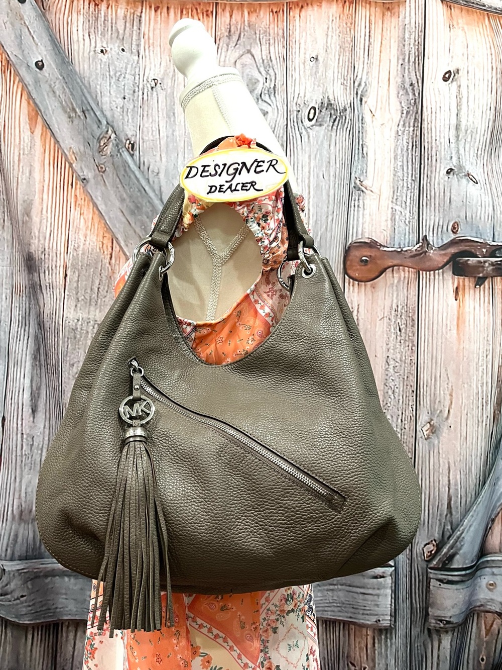 MICHAEL KORS Large Taupe Leather Tassel Shoulder Bag EUC!